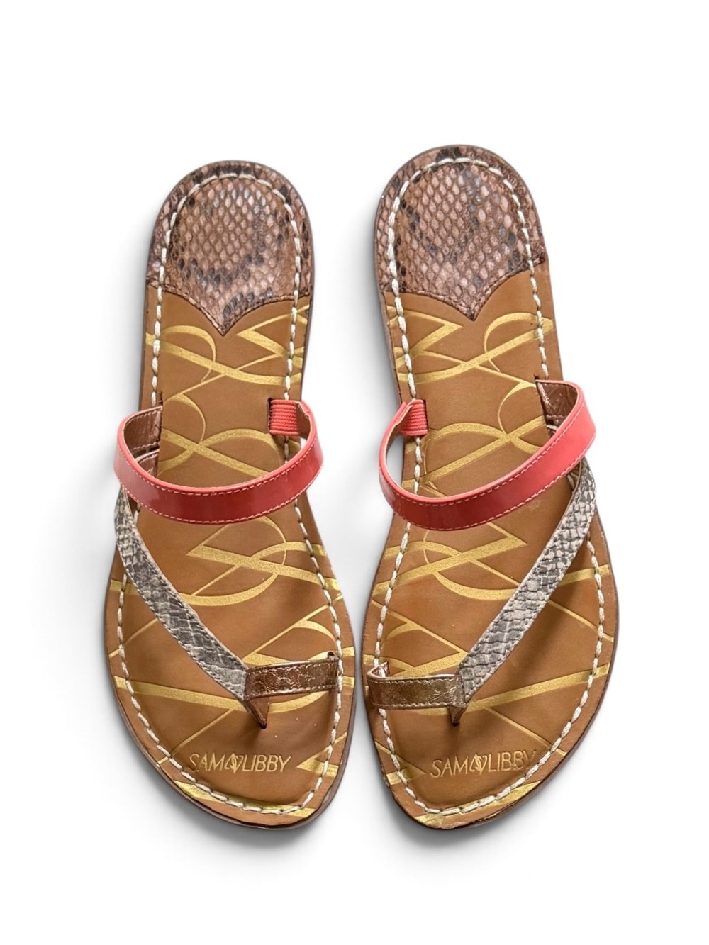 Sam & Libby Multi Strap Flat Thong Karina Sandals Tan Coral Snakeskin w/Box